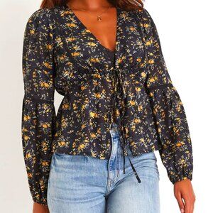 Lulu’s  Popular Poise Black Floral Jacquard Tie-Front Blouse